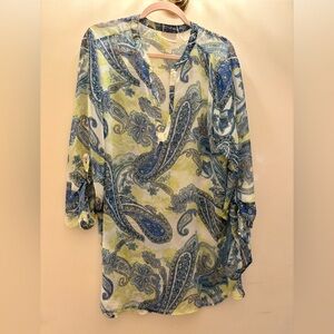 Chico’s Semi Sheer Tunic Swimsuit Coverup Blue Yellow Paisley Sz 3 XL